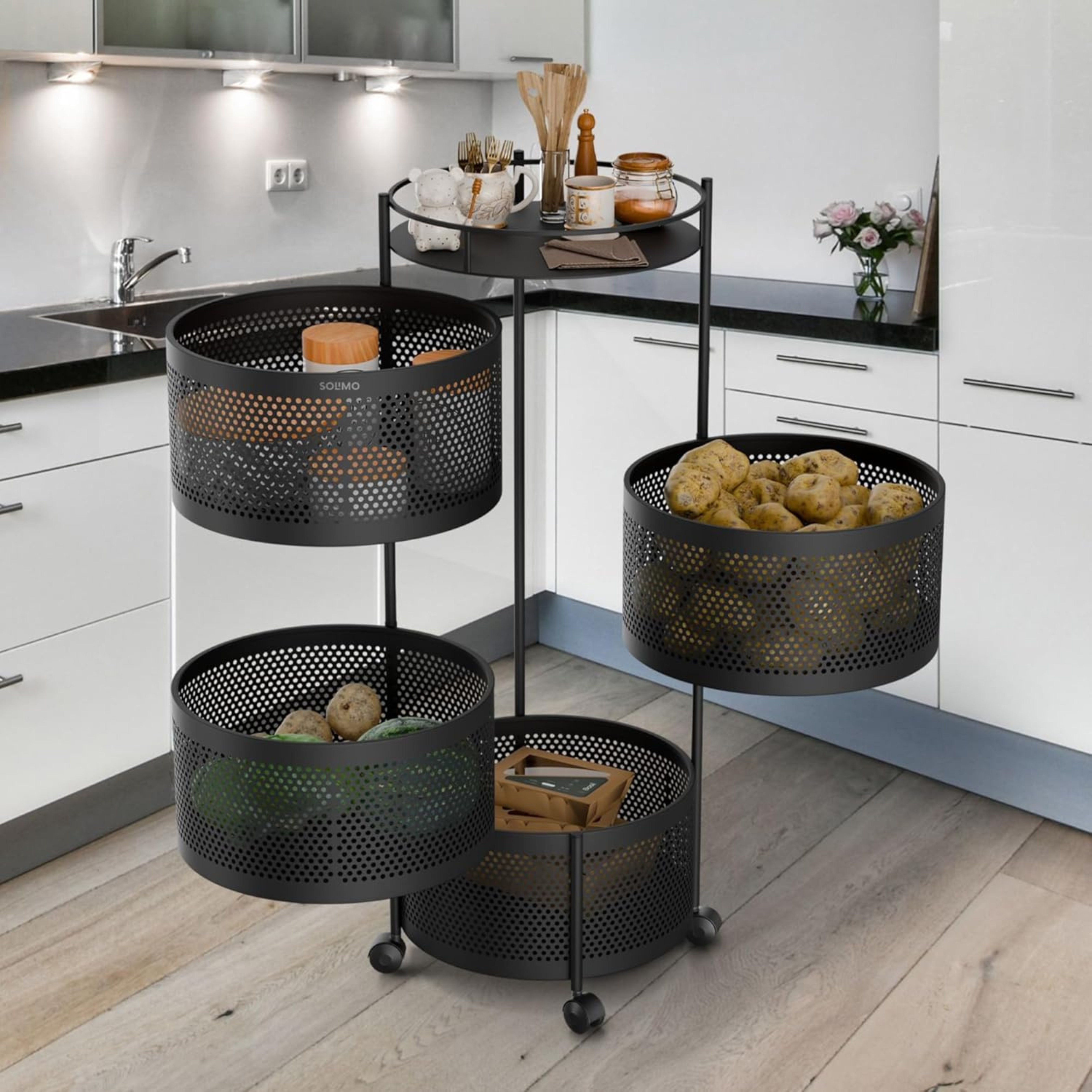4 Tier Round Rotating Trolley Black