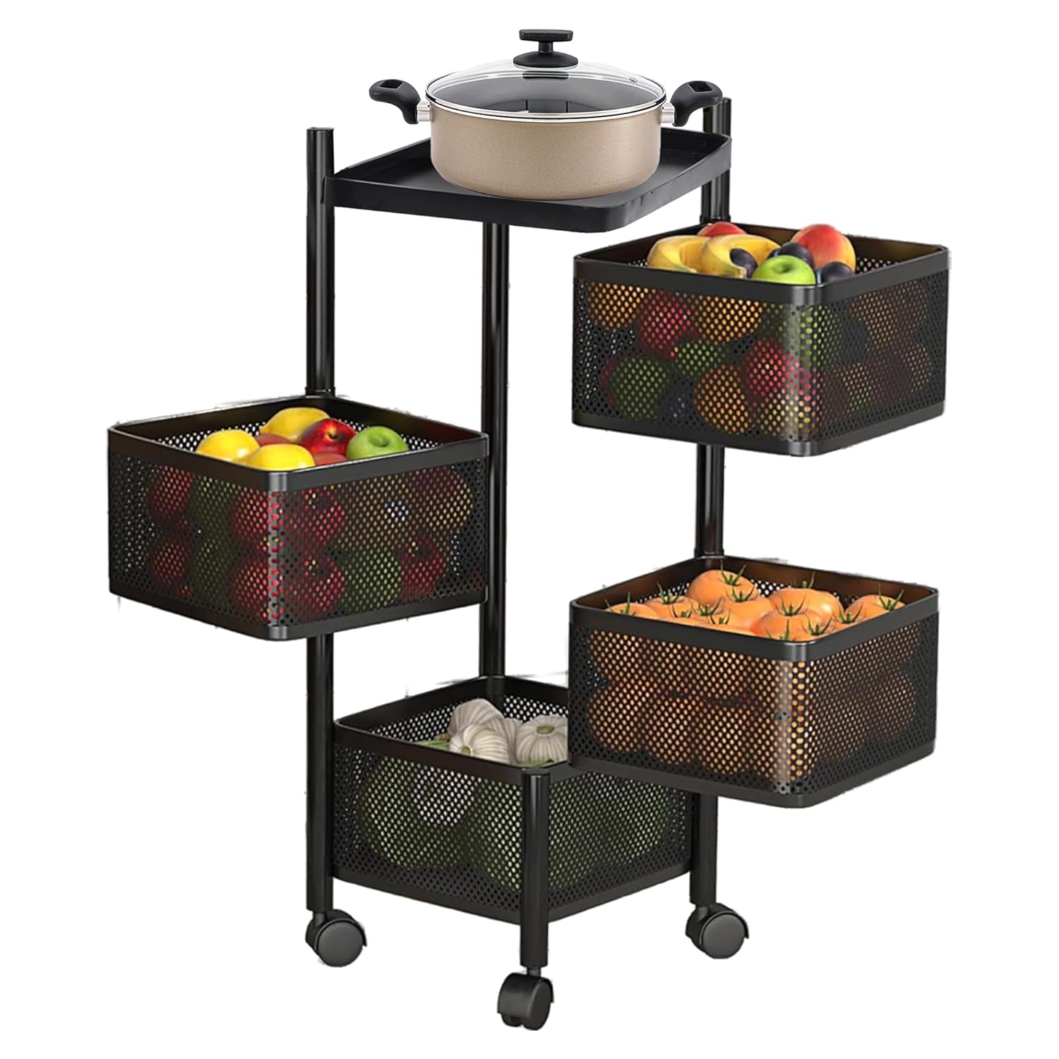 4 Tier Square Multipurpose Black Rotating Trolley