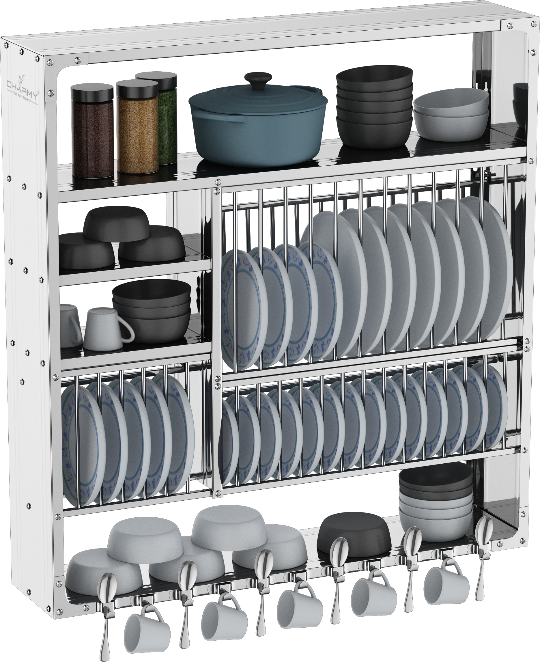 DLX-3836 Stainless Steel Wall-Mounted Dish Rack with Multi-Tier Storage & Cup Hooks