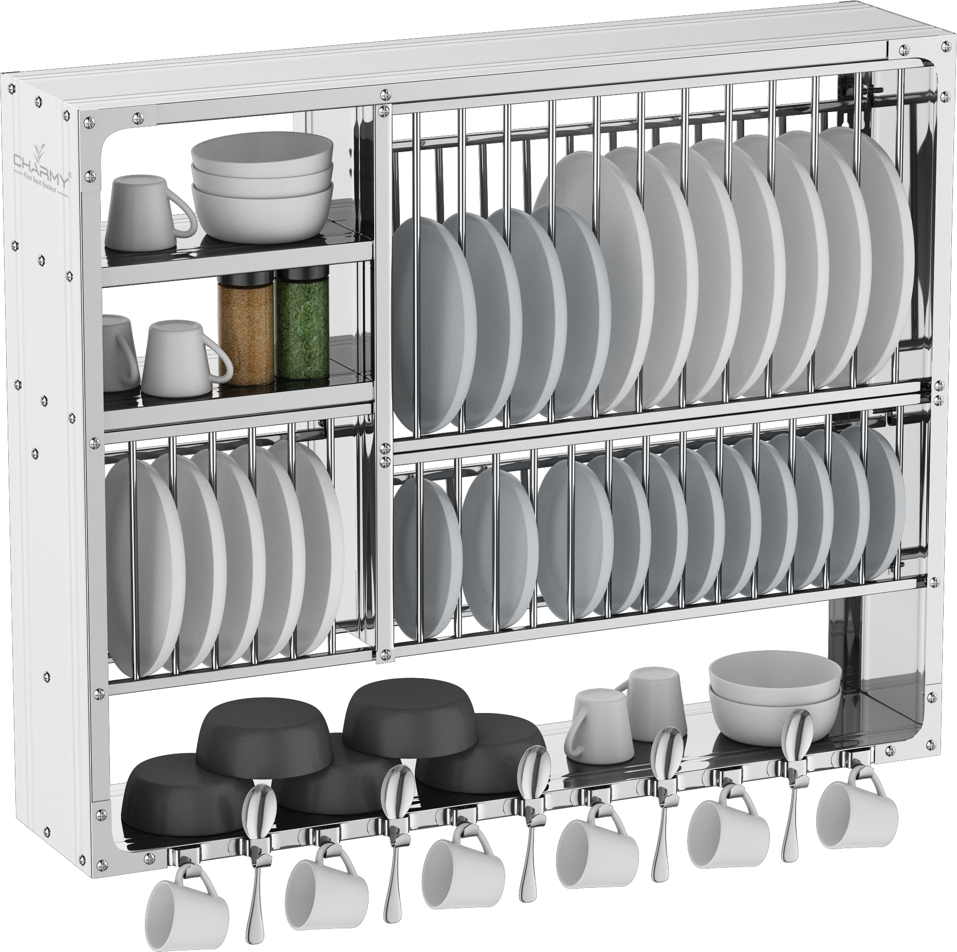 DLX-3036 Stainless Steel Wall-Mounted Dish Rack with Multi-Tier Storage & Cup Hooks