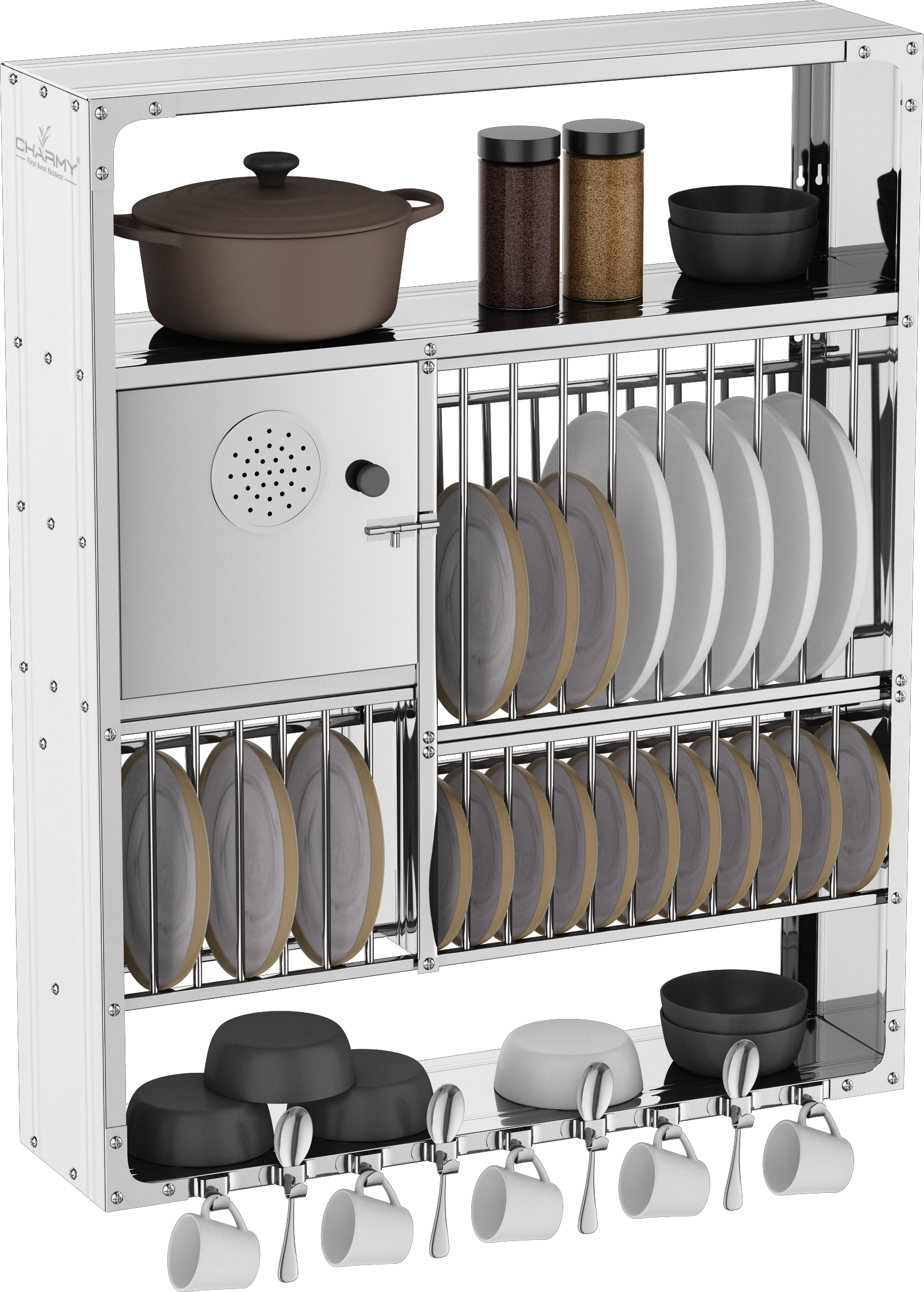 DDLX-3830 Stainless Steel Wall-Mounted Dish Rack with Multi-Tier Storage & Cup Hooks