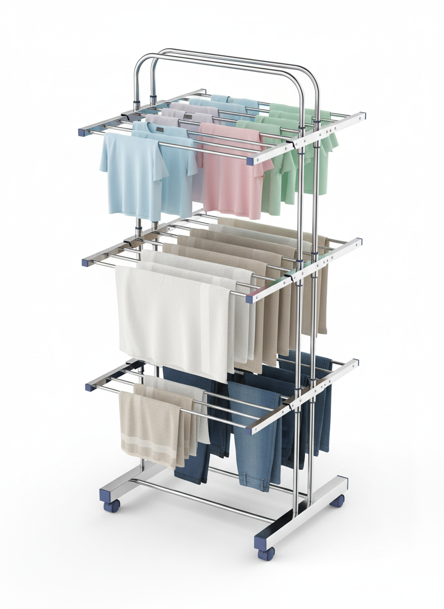 Double Pole Cloth Drying Stand Full SS 3 Layer