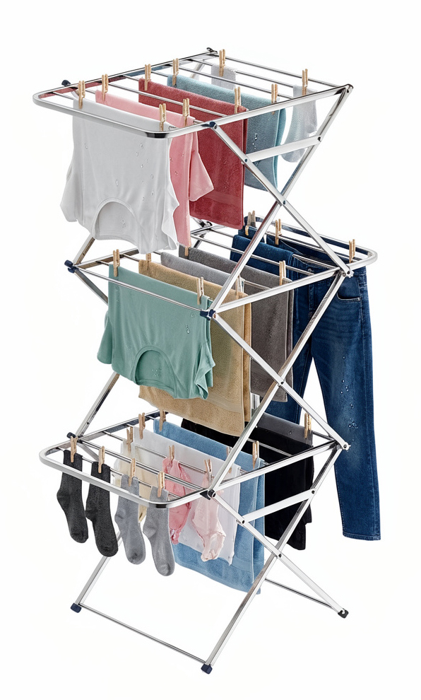 Zig-Zag Clothes Drying Stand 3 Tier Foldable Stainless Steel